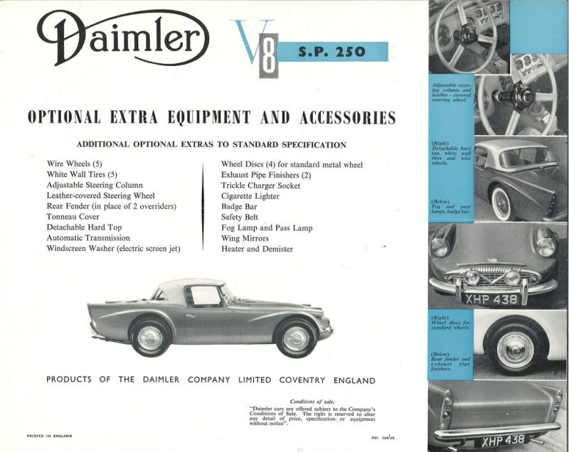 1960 Daimler SP250 brochure spec