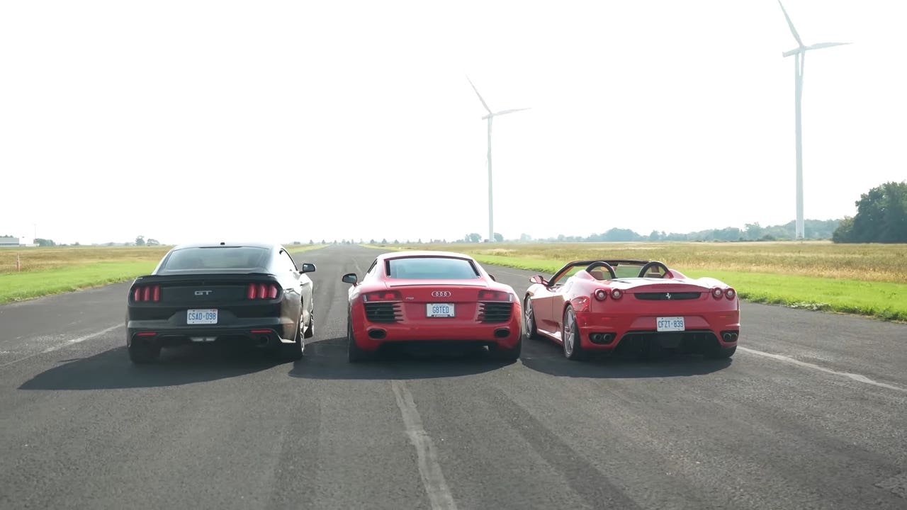 Ford Mustang GT vs Ferrari F430 vs Audi R8 drag race