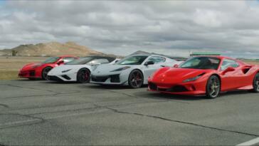 Ferrari F8 Spider vs Chevrolet Corvette E-Ray vs Lamborghini Huracan Evo drag race