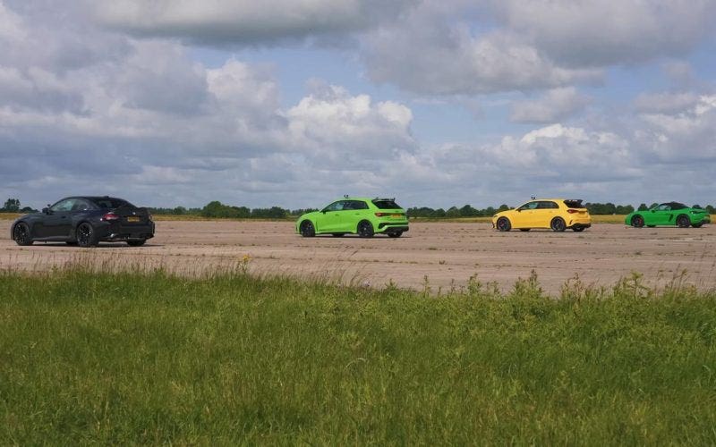 BMW M2 vs Audi RS 3 vs Mercedes-AMG A 45 S vs Porsche 718 Boxster GTS drag race
